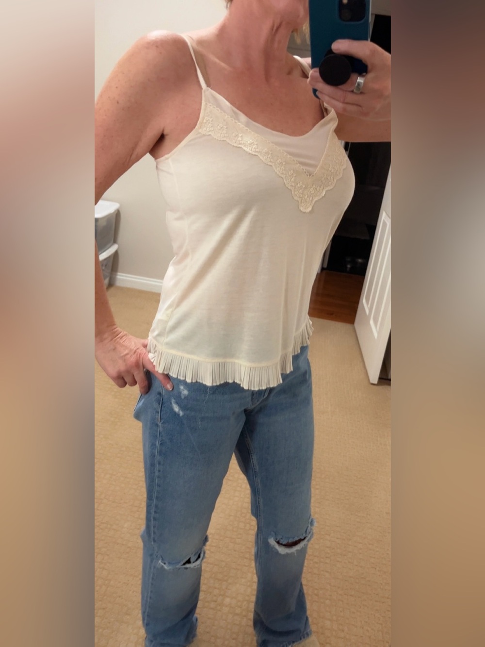 American Eagle Outfitters Cream Lace-Trim Pleated Hem Camisole